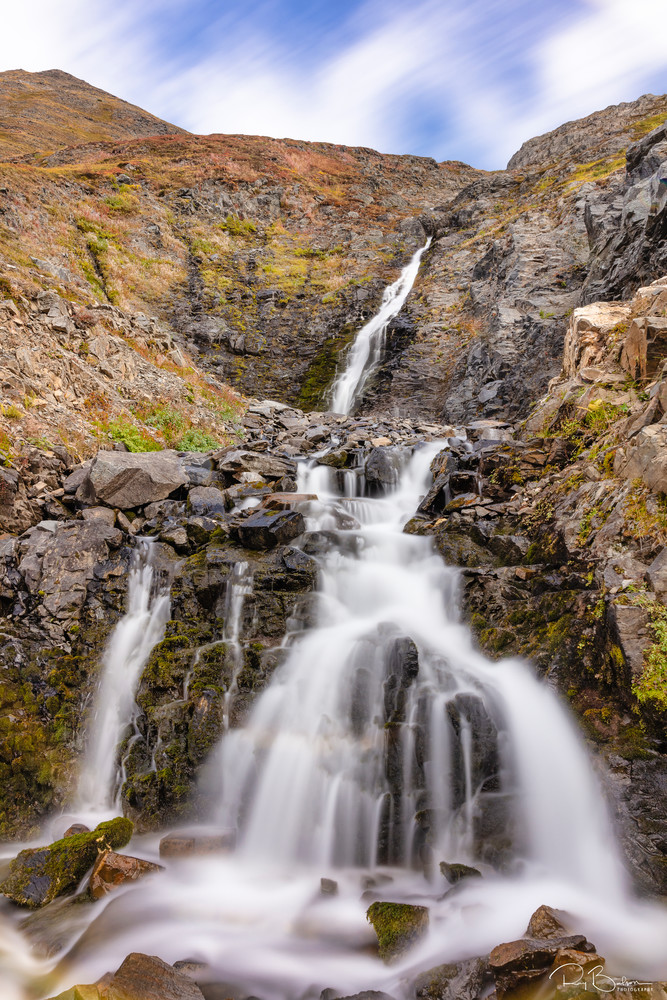 Long exposure of waterfall in Palmer Creek Valley in Southcentral Alaska. Fall. Afternoon.