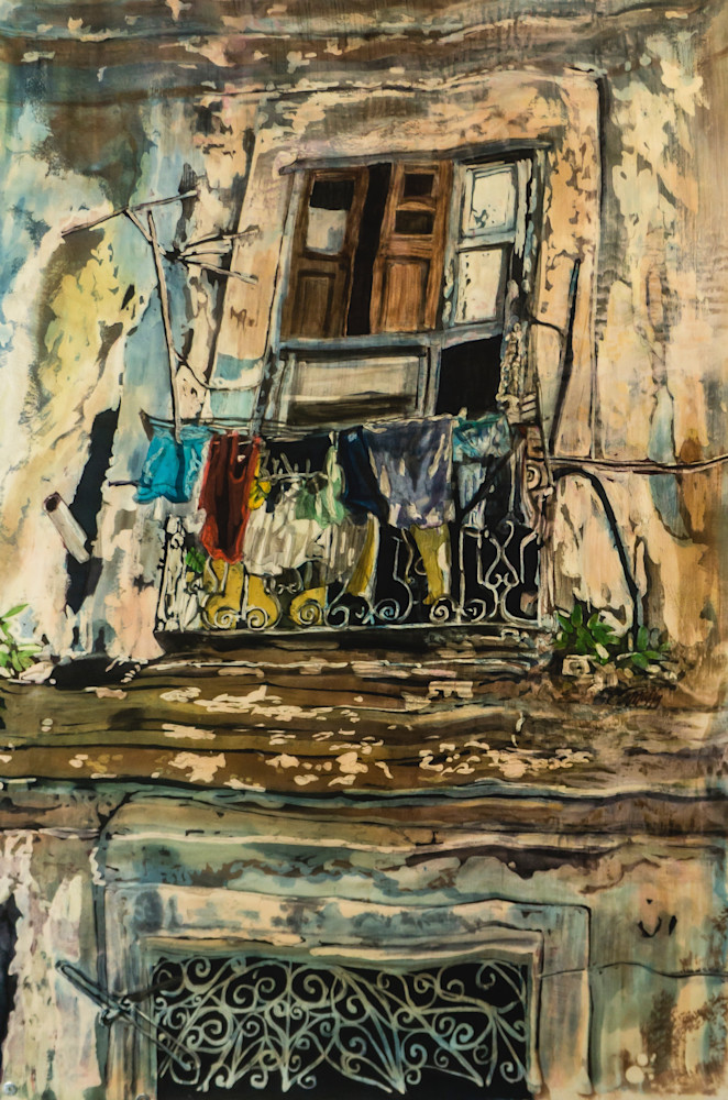 "Wash Day: Havana"   by artist Muffy Clark Gill  is a rozome (batik) painting on silk measuring 38 x 26 in