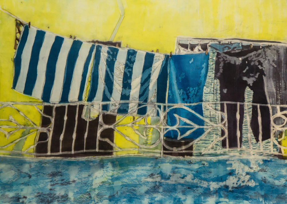 "Wash Day: Cienfuegos"  by artist Muffy Clark Gill  is a rozome (batik) painting on silk measuring 18 x 24 in.