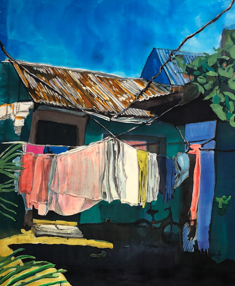 "Wash Day: Tortuguerro"  by artist Muffy Clark Gill_" is a rozome (batik) painting on silk measuring 18 x 24 in.