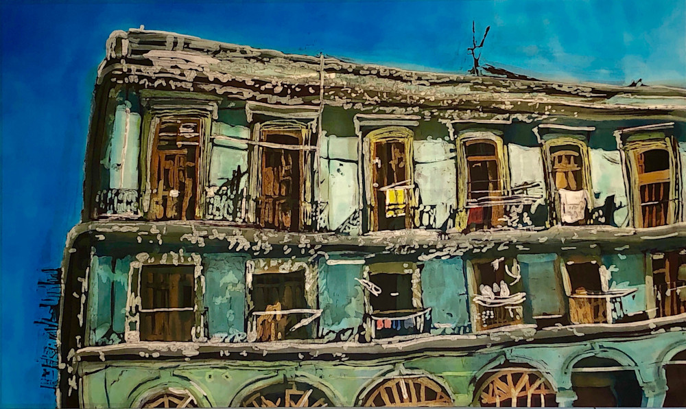 "Wash Day: Havana Balconies"- by artist Muffy Clark Gill is a rozome (batik) painting on silk_ measuring 24 x 36 in.
