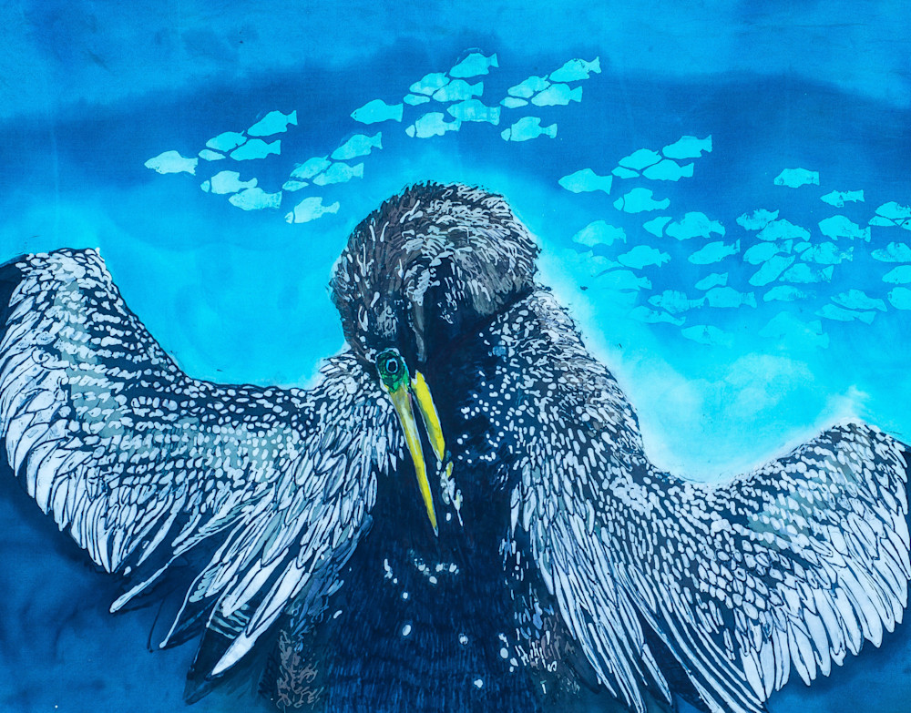 "Snakebird" by artist Muffy Clark Gill is a rozome(batik) painting on silk. It measures 43 x32.5 in