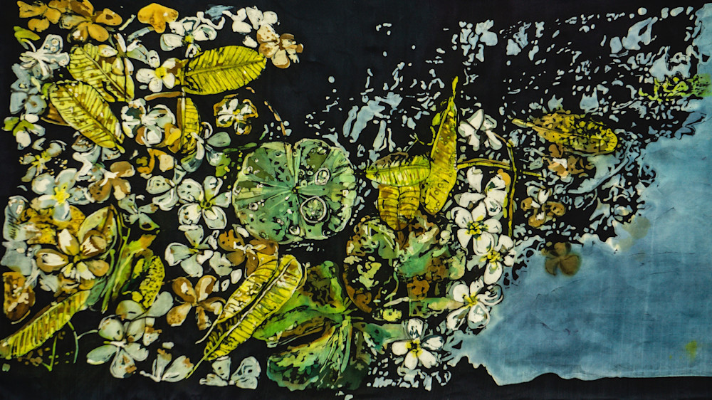 Agua XXIII:Fading Memories by artist Muffy Clark Gill is a rozome (batik) painting on silk and mounted in a  silver frame.It measure 23 x 36 inches.
