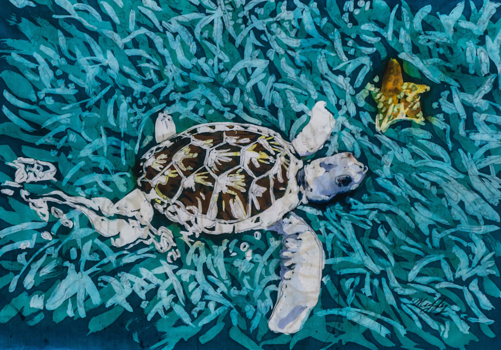 
"Tortuga Blanca "is a painting by artist Muffy Clark Gill .It is created using the rozome (batik) process on silk and measures16 x 20 in.
