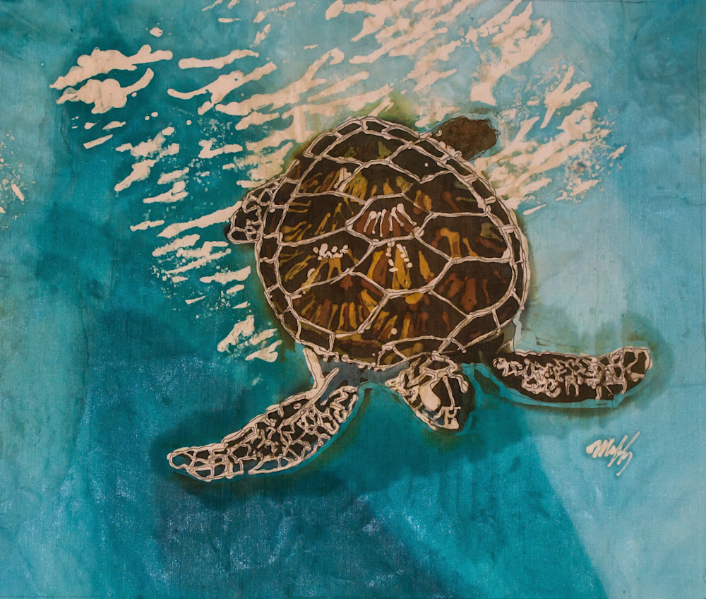 Tortuga V a wax and dye resist painting on silk featuring a Hawksbill turtle.