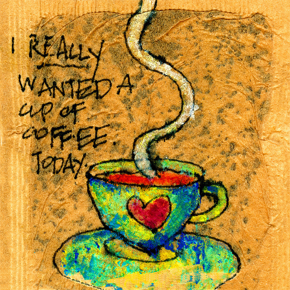 Steaming Cup of Coffee, Colored Pencil Illustration on Teabag by Artist Mary Hanrahan, Taos NM