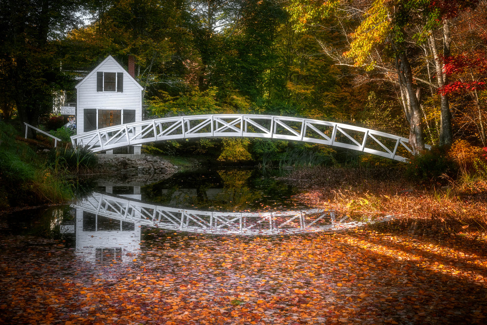 Somesville Bridge Reflections with Fall Foliage. Colorful autumn scene of Maine footbridge and environs by fine art photographer Mike Taylor of Taylor Photography