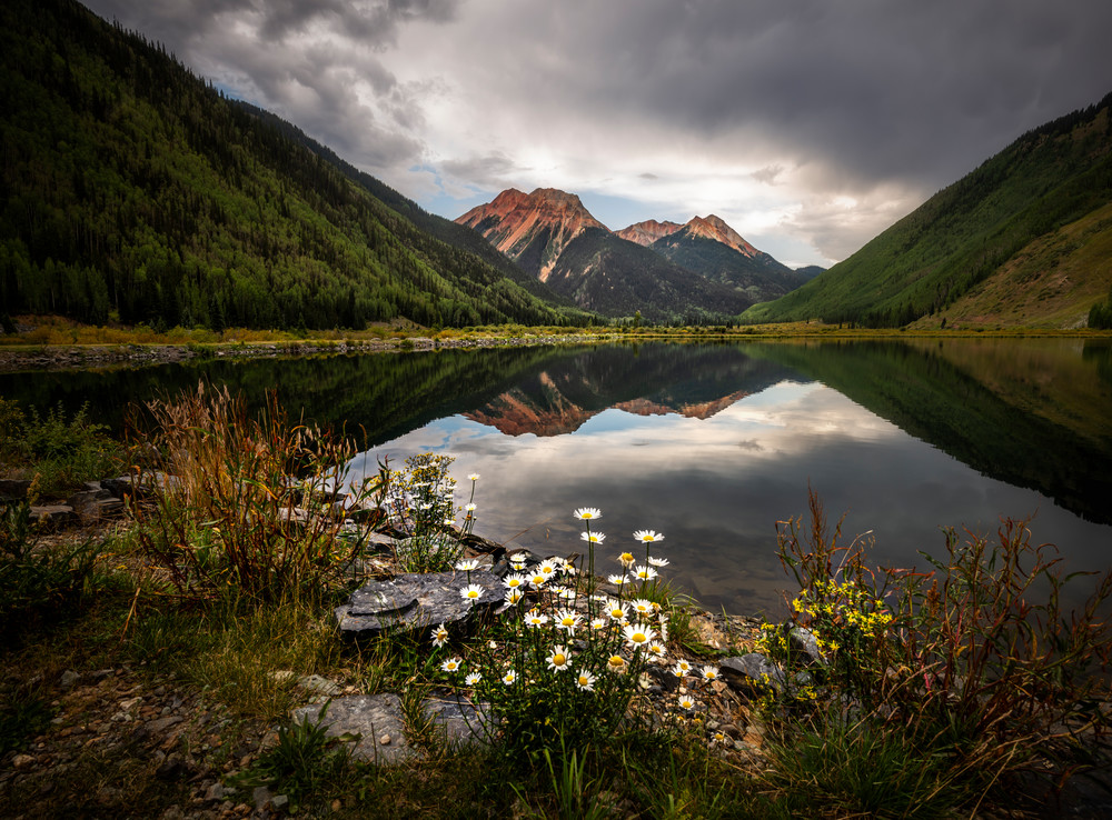 Red Mountain Reflection in Crystal Lake. Late summer scene of Crystal Lake in the San Juan Mountains of Colorado by fine art photographer Mike Taylor of Taylor Photography.