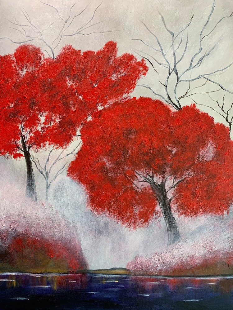 Red Trees In The Fog Art | Marie Art Gallery