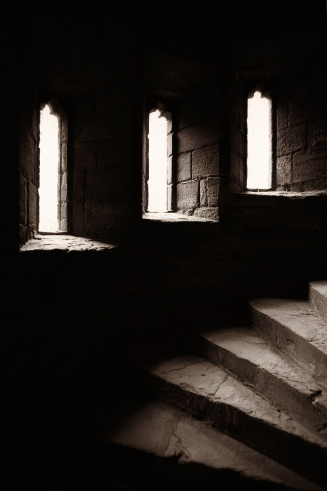 Circular Tower steps and windows, Linlithgow Palace Ruins, Linlithgow, Scotland. Birthplace of Mary, Queen of Scots