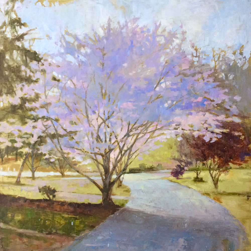 Painting of backlit pink cherry tree in Atlanta in spring