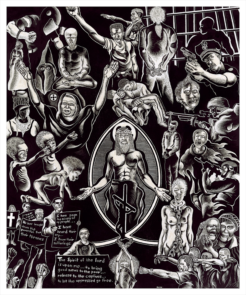 black and white, Jesus, scratchboard, oppressed, 