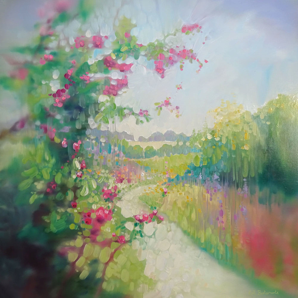 wall art and prints on canvas or paper of a landscape painting with blossom, wildflowers, fields, hills of Sussex
