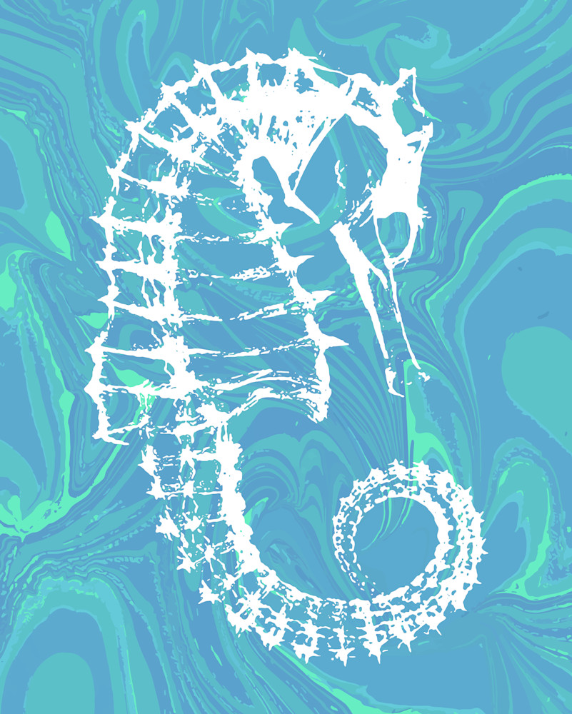 Seahorse X Ray Groovy Blue Waves Digital Collage Art | Elena Lipkowski Fine Arts
