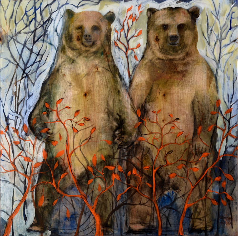 Bears in Love standing holding hands mountain landscape
