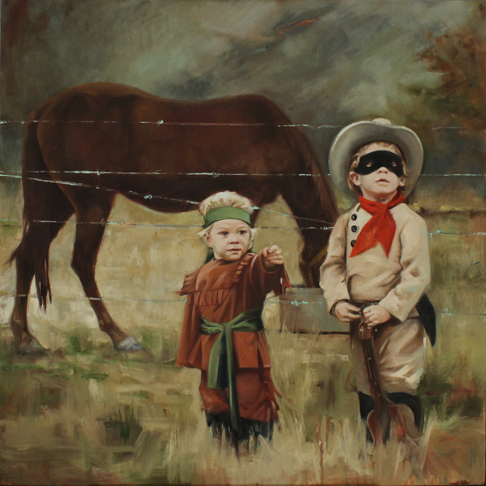 Painting of little boys in cowboy and Indian costumes