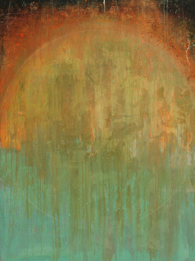 Painting of orange radiant abstract sun meditation