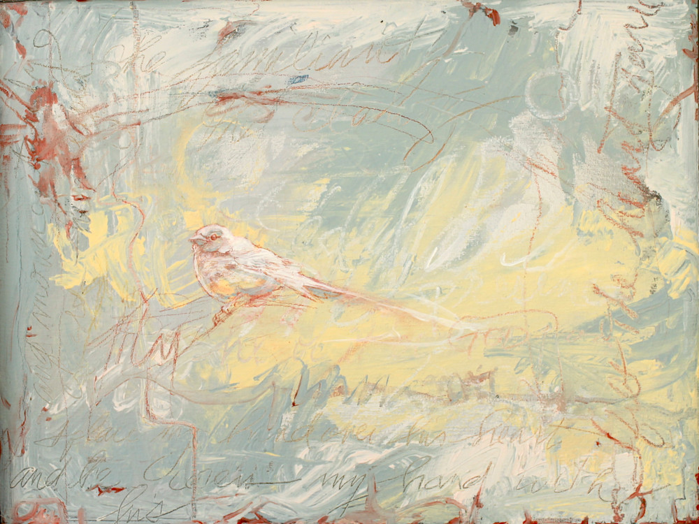 Breezy abstract painting, blue and soft yellow, with red drawing of small bird.
