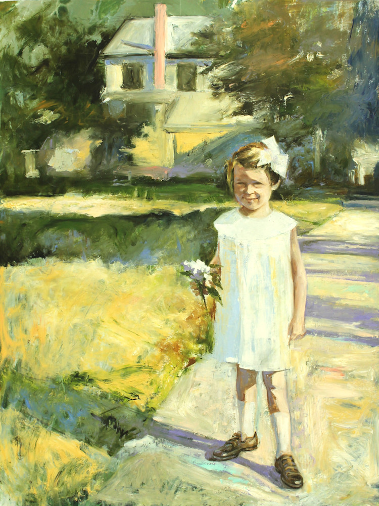 Wonderful oil painting of bright summer day and little girl in sunlight.