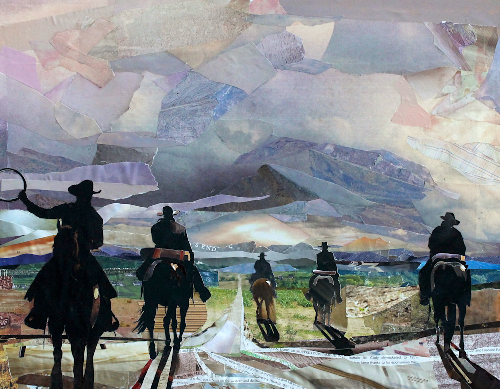 Cowboys on horses fine art print of artwork made from cut paper