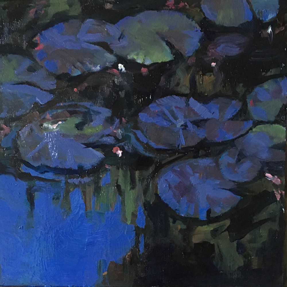 Blue and violet and dark green oil painting of water lilies on a pond.