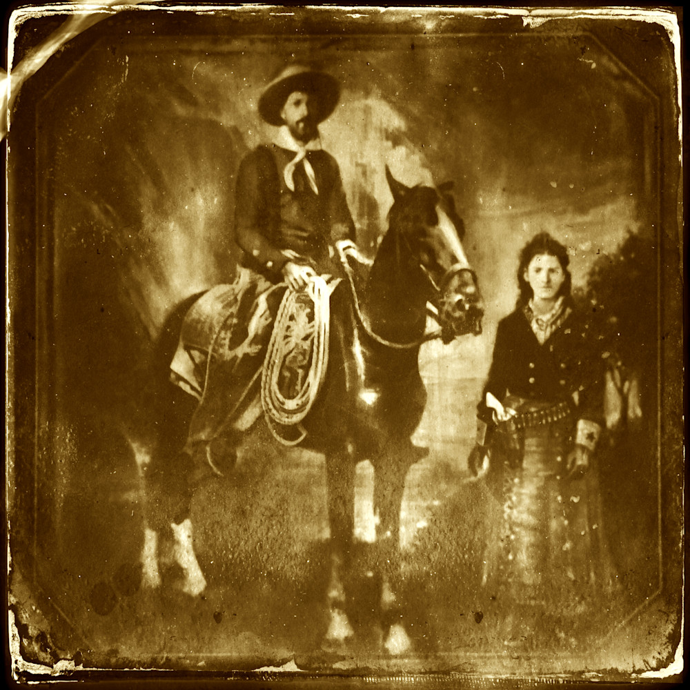 Another in a series of altered images of oil paintings based on vintage cowboy photos. This cowboy and his wife stand for a formal portrait from a by-gone era.