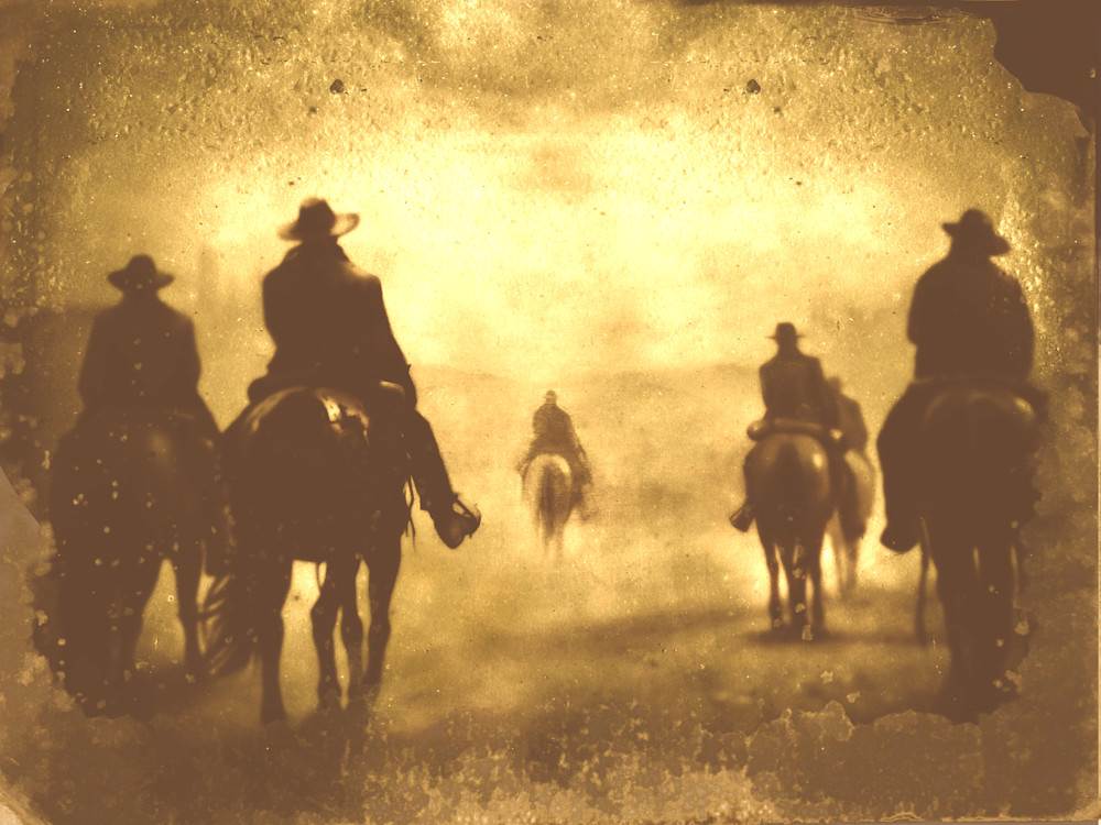 Another in a series of altered images of oil paintings I did which were based on vintage cowboy photos. Here is a sepia-toned posse riding into a dusty town.