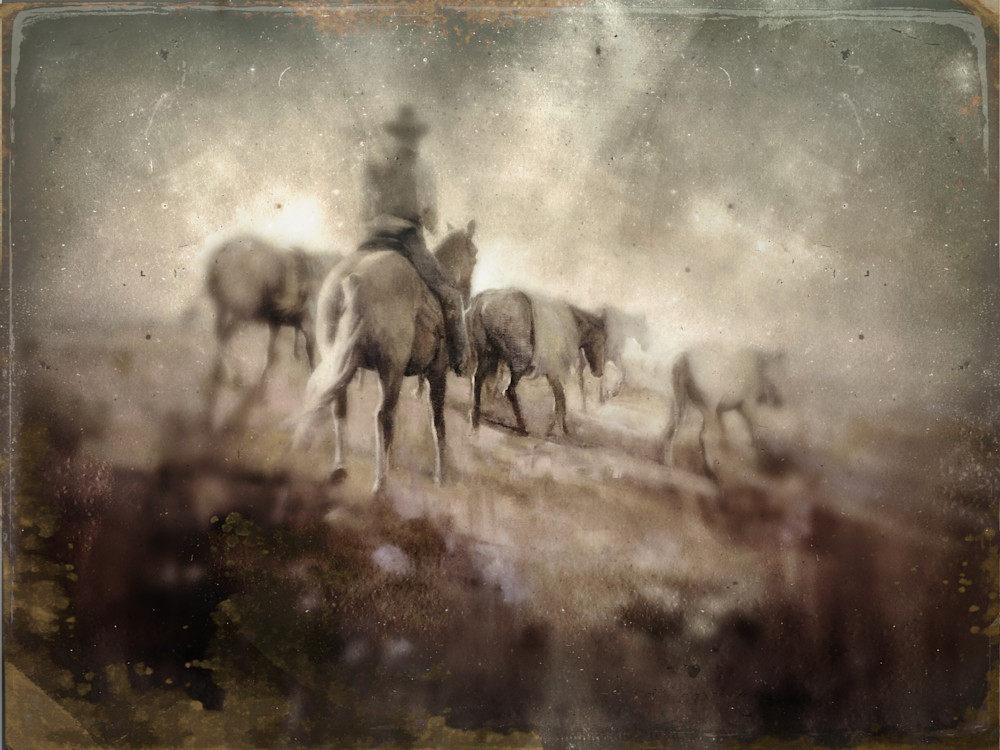 Vintage and nostalgic tintype cowboy on a trail ride, made from an oil painting based on antique old west photos.