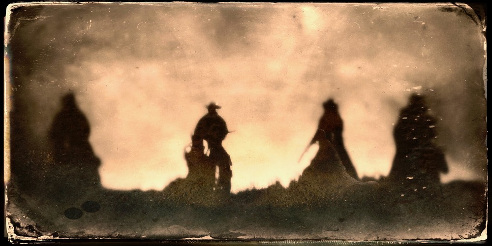 Tintype cowboy gang, an altered image of an oil painting based on vintage old western photos.