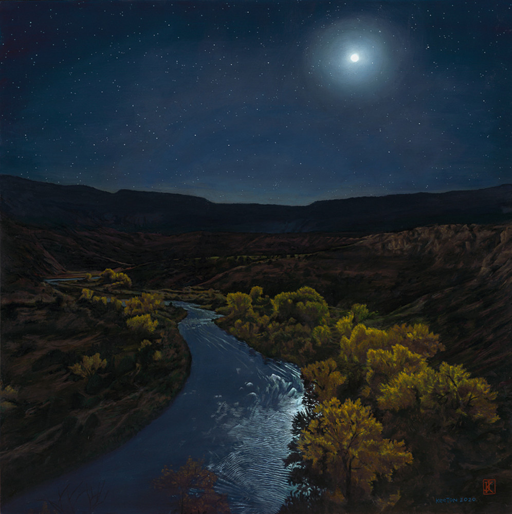nocturne, moonrise, nightscape, landscape painting, chama river, new mexico, contemporary realism, oil painting