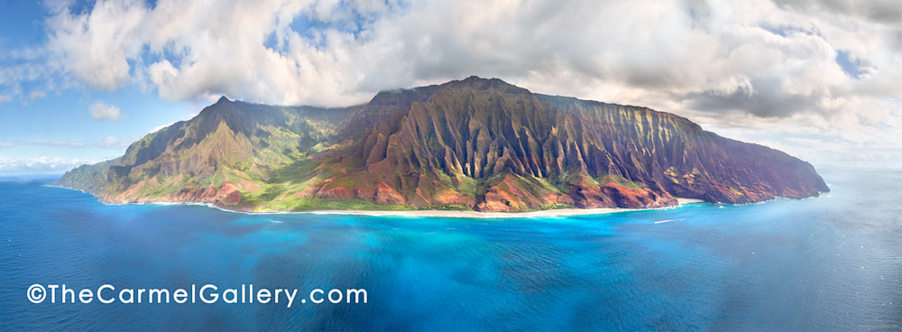 aerial view, blue waters, rugged Napali coast, Kauai north shore