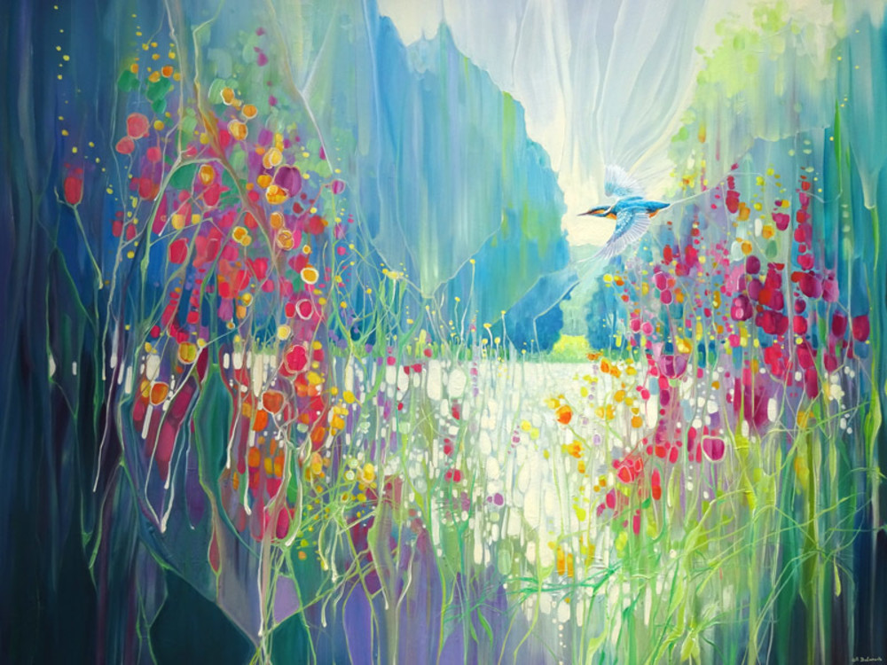 prints and wall art on canvas or paper of a large semi abstract landscape oil painting of a kingfisher flying along a riverbank lined by wildflowers