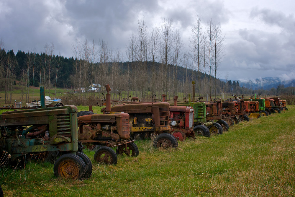 A row of tractors in Creswell, Oregon.