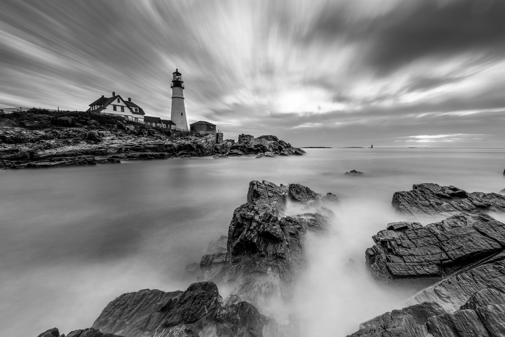 Morning Tides at Portland Head Light in Black and White