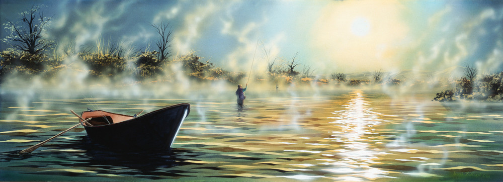 Breakfast Hole, a fine art print of fly fishing on the Big Horn River by Montana artist Joe Ziolkowski.