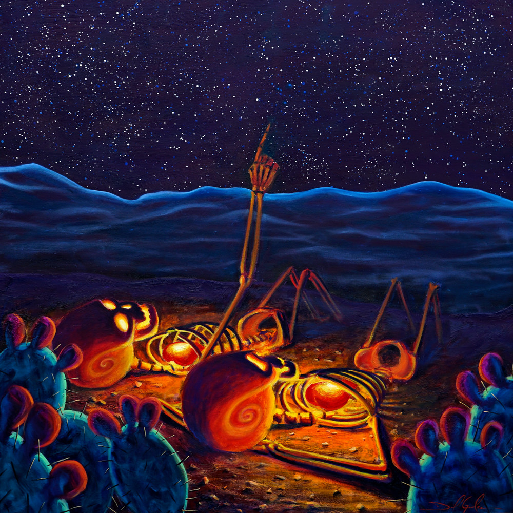 Stargazers painted by Daniel Gonzalez shows two Skeletons with big glowing hearts observing the cosmos. 
