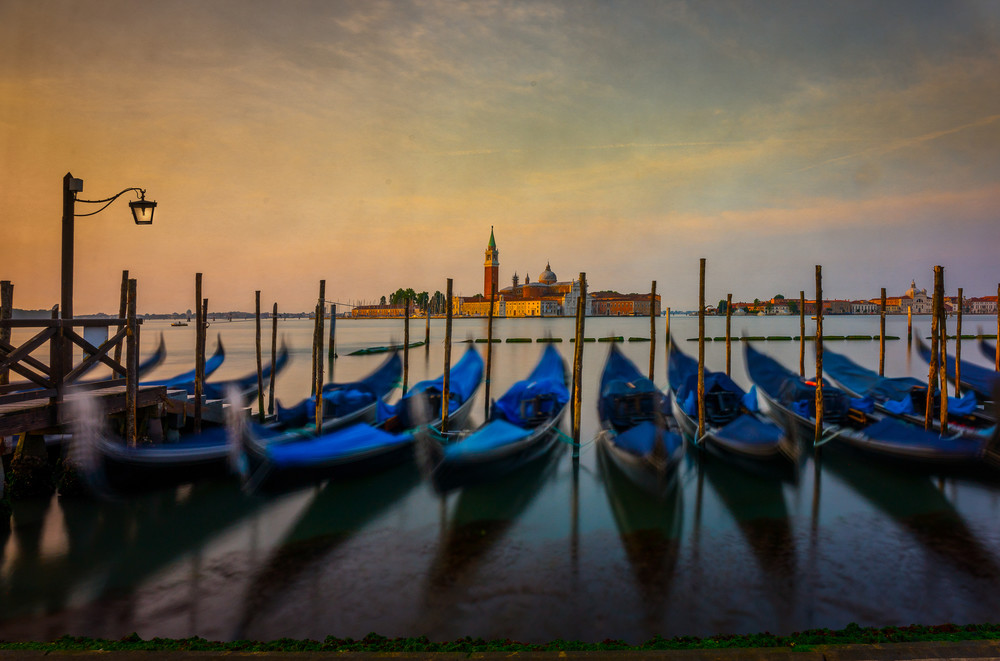 Gondolas,  lined up at Piazza di Marcos in Venice,