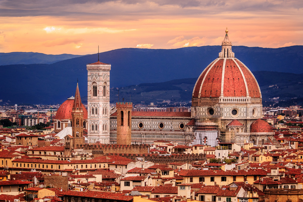 Iconic view of Santa Maria del Fiore Cathedral from Piazza Michelangelo in Florence