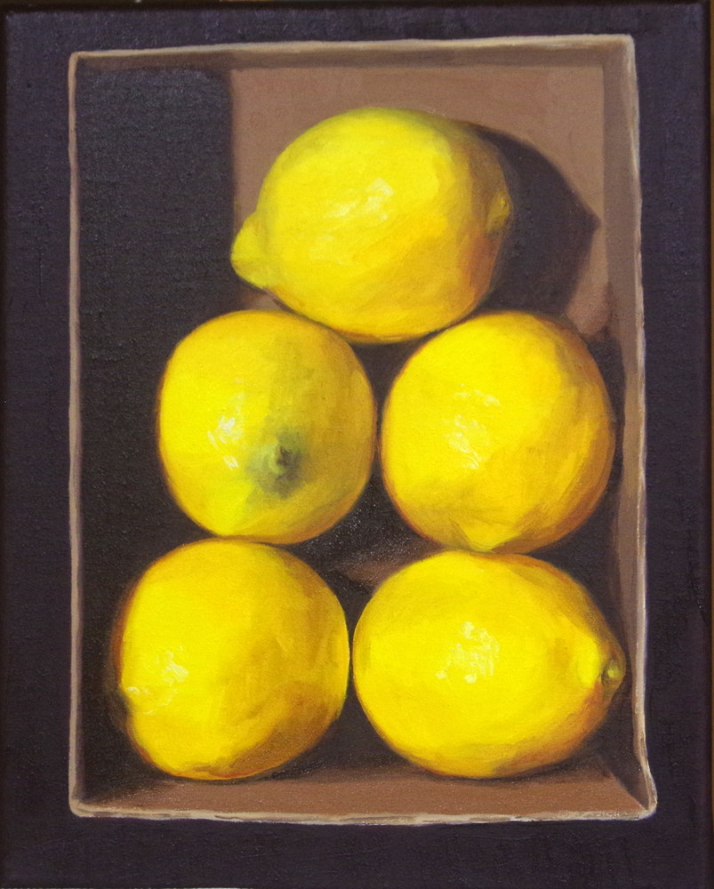 Five Lemons In A Cardboard Box Art | Helen Vaughn Fine Art
