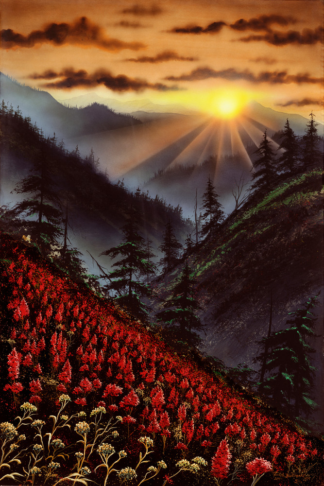 "Heavens Edge" a fine art print of Montanas Big Sky sunset, and Indian paintbrushes by artist Joe Ziolkowski.