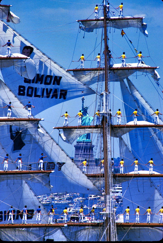 The Tall Ship Simon Bolivar salutes the Statue of Liberty in the New York Harbor July 4th 1976  photo by Dennis Brack