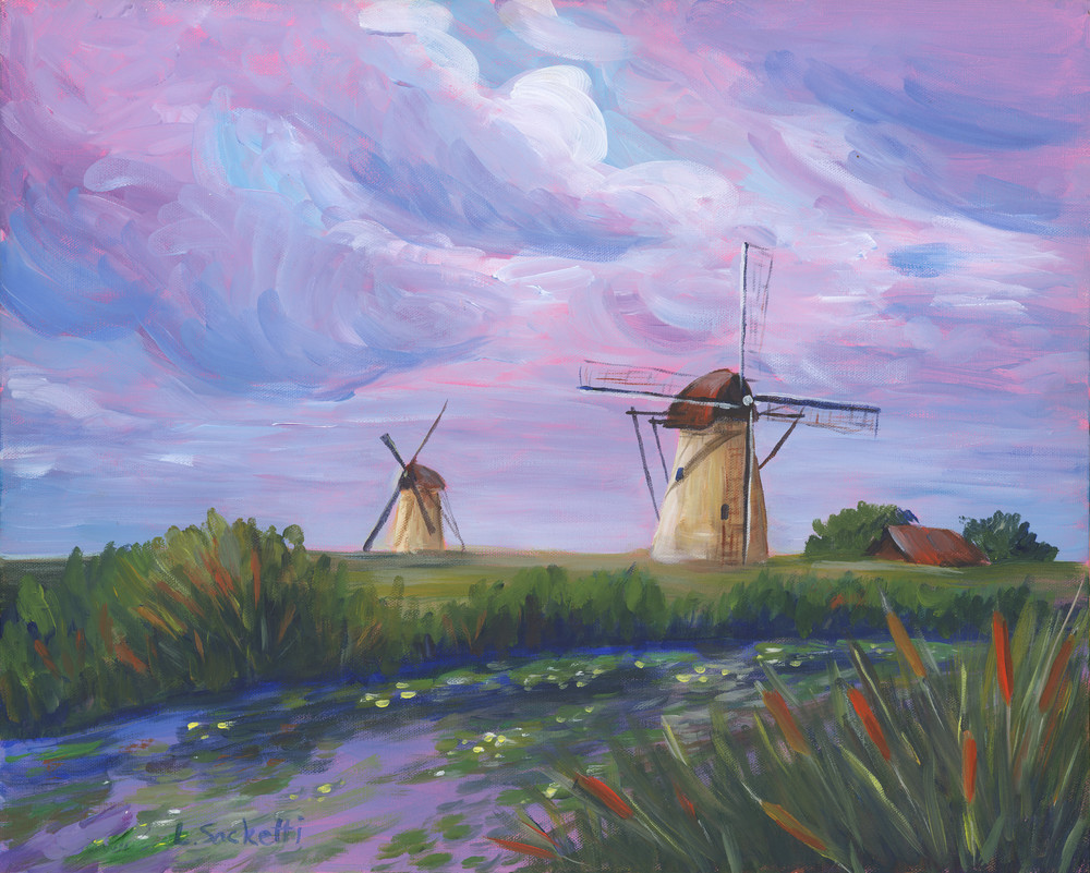Windmills at Kinderdijk, The Netherlands.  Fine art prints and merchandise