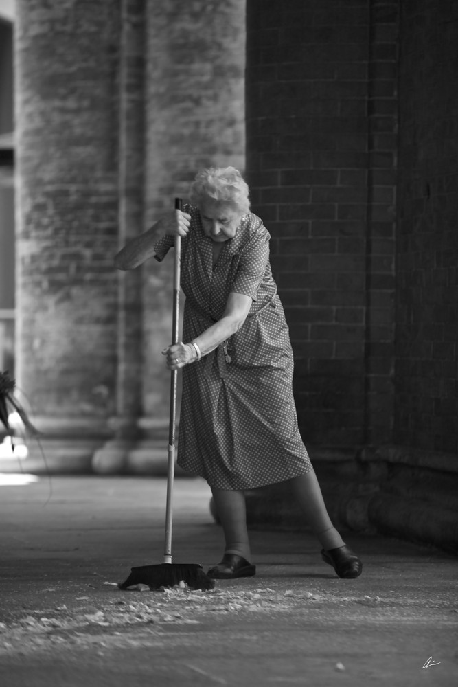 Sweeping Up In  Front Of Church, Alba, Italy Photography Art | Audia Art