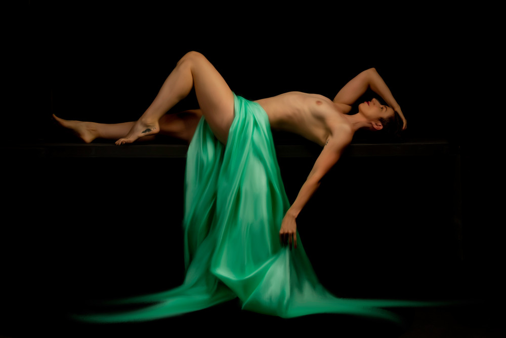 Eve with Green Fabric, Reclining