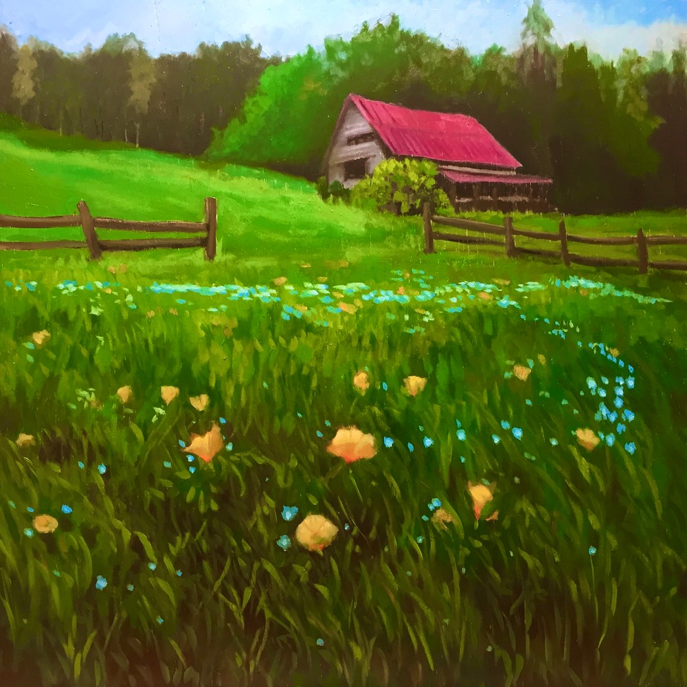 Pink roof and wildflowers fine art print by Hilary J England