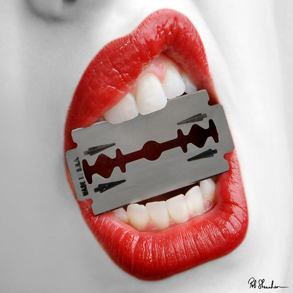 Lips with razor art gallery photo prints by Rob Shanahan