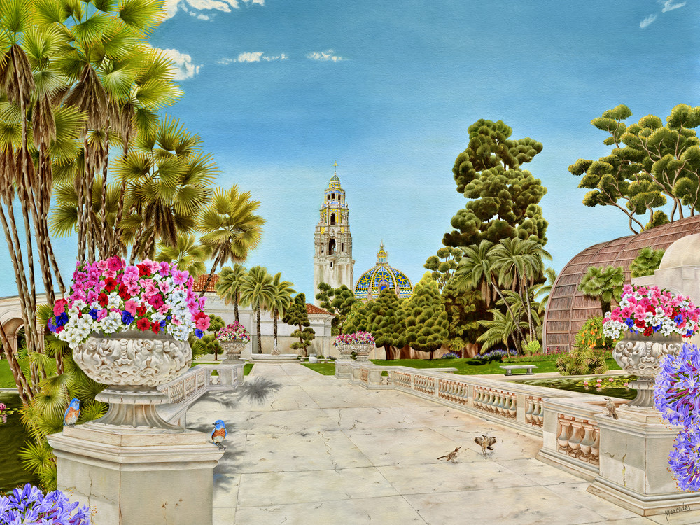 Balboa Park ~ Centennial Tribute   Bridge Over The Lily Pond, The Botanical Building And The California Tower And Dome   Prints  Art | Mercedes Fine Art