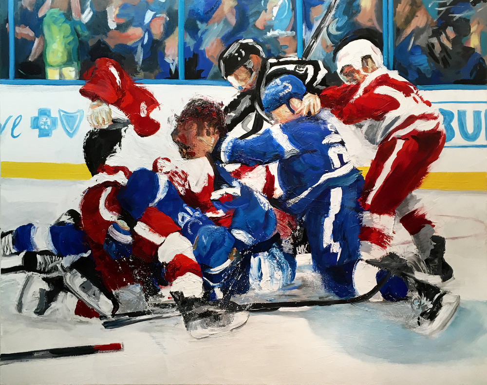 A Little Scrap - Wings Bolts Hockey Art Painting by Michael Serafino Available - Prints on Paper, Metal, Canvas and Acrylic - Wet Paint NYC Gallery