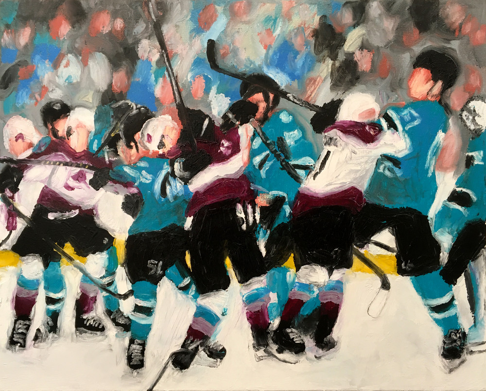Getting Chippy (Sharks/Avs) Hockey Painting for Sale - Prints on Paper, Metal and Canvas - Micheal Serafino - Wet Paint NYC Gallery