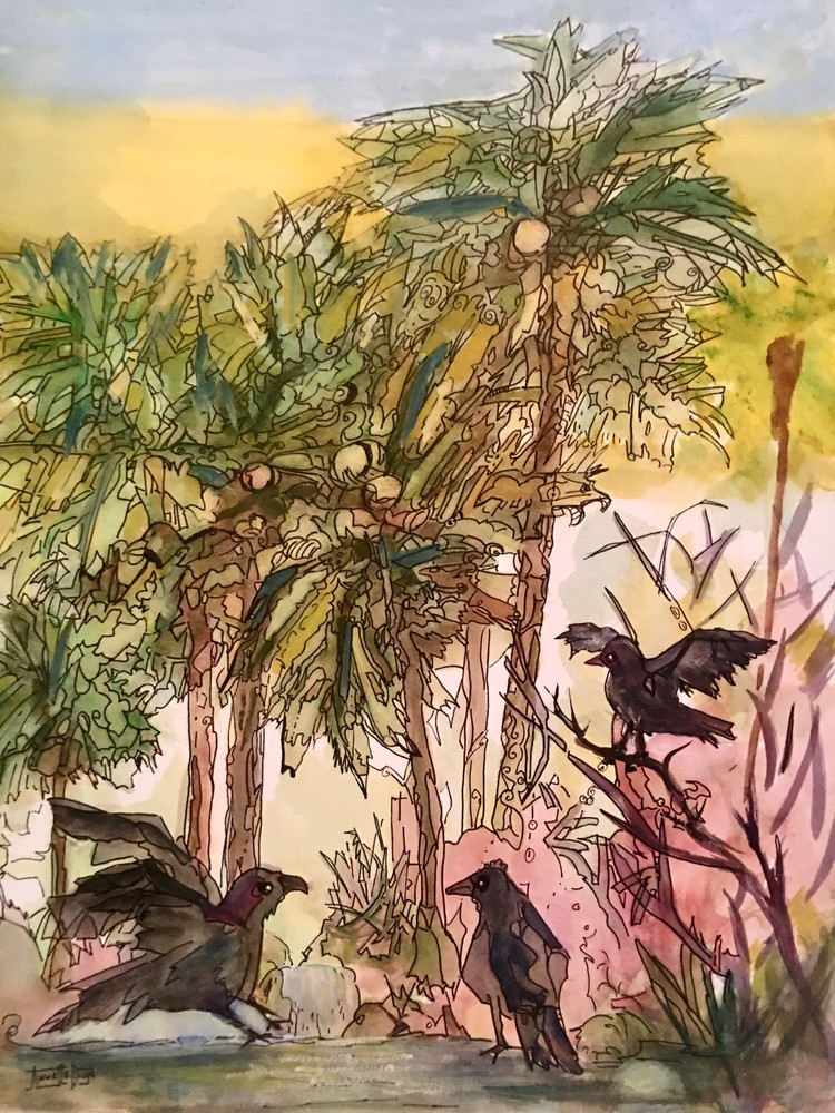Palm Trees And Three Crows Art | vibrant art studio, Art by Annette Dion McGowan